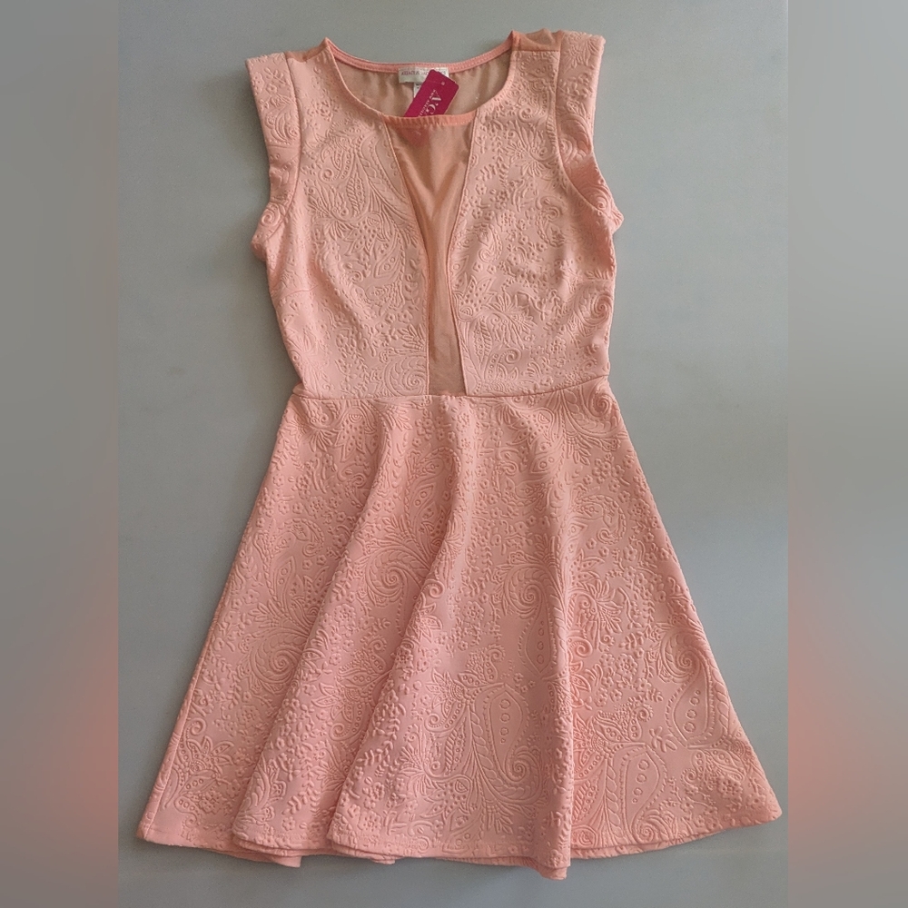 New, A'gaci Salmon Embossed Mesh Front Sheer Back Skater Skirt Mini Dress. Sz M